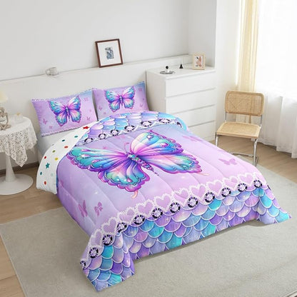 Erosebridal Butterfly Queen Size Bedding Set 3 Piece, Mermaid Scales Down Comforter for Kids Girls Women Room, Kawaii Love Heart Comforter Set, Dreamy Princess Maeine Life Quilt, Purple Blue