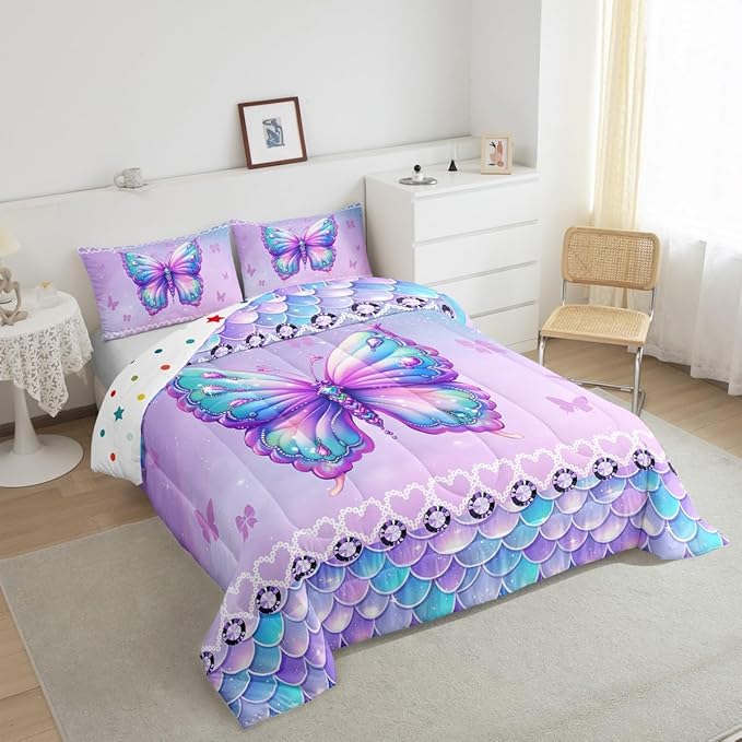 Erosebridal Butterfly King Size Bedding Set 3 Piece, Mermaid Scales Down Comforter for Kids Girls Women Room, Kawaii Love Heart Comforter Set, Dreamy Princess Maeine Life Quilt, Purple Blue