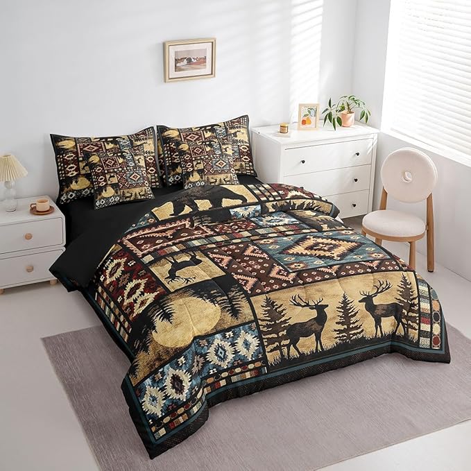 Erosebridal Rustic Bear 7 Piece Comforter Set Queen Bed in a Bag,Buffalo Plaid Grid Bedding,Hunting Deer Farmhouse Cabin Decor Quilt,Retro Southwest Aztec Bed Set,Tribal Sheets,Brown Red