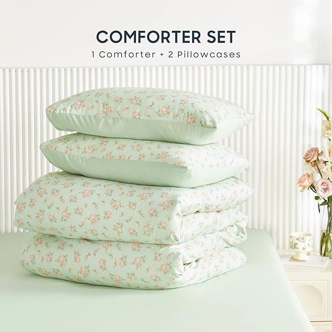 Wake In Cloud - Floral Comforter Set, Coquette Cottagecore Aesthetic Flower Shabby Chic Pattern for Women Teen Girls, Soft Lightweight Bedding, 3 Pieces, Green Pink, Full Size