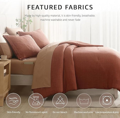Geniospin Full Size Comforter Set- 7 Pieces Terracotta Textured King Bedding Set, Soft Solid Bed in a Bag for All Seasons, Fall Comforter Set with Sheets