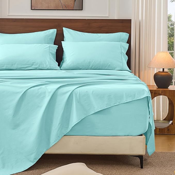 Bedlifes 100% French Linen Sheets California King Size 18-24" Extra Deep Pocket 4-Piece Set Breathable & Moisture-Wicking,Soft & Durable Sheets for Thick Mattresses(Teal)