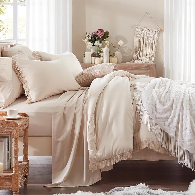 Anluoer Queen Boho Comforter Set 7 Piece with Tassel Lightweight Soft Fringe Bedding Sets with 1 Comforter, 2 PillowShams, 2 Pillowcases, 1 Flat Sheet, 1 Fitted Sheet in Beige
