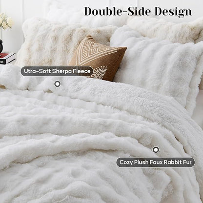 DAICO 3 Pieces Fluffy Faux Rabbit Fur Comforter Set King Size White Plush Fuzzy Bubble Comforter Bedding Set Warm Cozy Bedding Comforter Sets for Winter, 1 Comforter and 2 Pillowcases