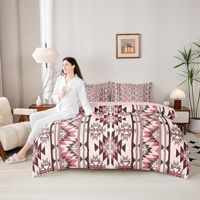 Erosebridal Pink Southwestern Bedding Set Twin 7 Piece Exotic Aztec Nordic Style Comforter Set Western Ethnic Geometric Stripes Bed in A Bag Rustic Tribal Native Bohemian Quilt with Flat Fitted Sheet