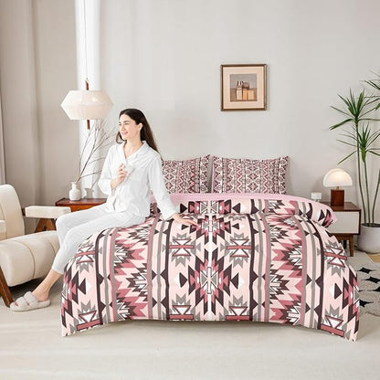 Erosebridal Pink Southwestern Bedding Set Twin 7 Piece Exotic Aztec Nordic Style Comforter Set Western Ethnic Geometric Stripes Bed in A Bag Rustic Tribal Native Bohemian Quilt with Flat Fitted Sheet