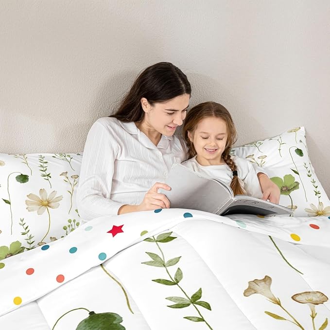 Erosebridal Watercolor Flower Comforter Set Twin, Olive Green Beige Floral Bedding Set for Kids Teens Adult Women, Modern Minimalist White Quilt Branches Pastoral Duvet Insert with 1 Pillow Case
