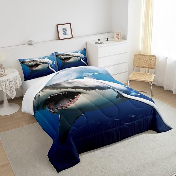 Kids Comforter Set for Boys Girls,3D Shark Fish Down Comforter 2 Piece Hawaiian Beach Theme Bedding Quilted Duvet Set Ocean Sea Animal Pattern Blue Duvet Insert for Toddler Teen Bedroom Decor,Twin