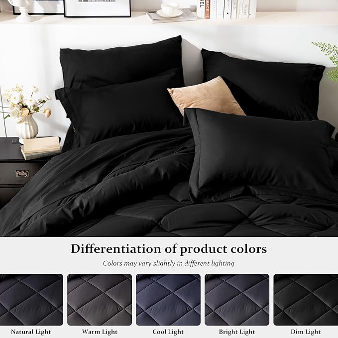 Newspin Queen Comforter Set Black - Bed in a Bag Queen Size 8 Pieces, All Season Bed Set, Fluffy Comforter Set with Sheets, Sheet Set Quilt Blanket, Pillowcases & Shams & Bed Skirt