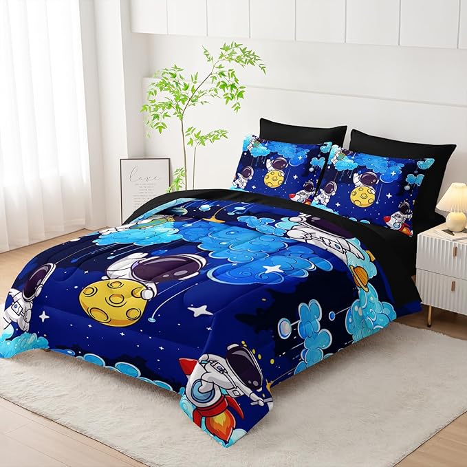 7 Piece Blue Queen Comforter Set for Boys Astronaut，Space Themed Queen Bedding Set，(1 Comforter, 1 Flat Sheet, 1 Fitted Sheet, 2 Pillowcase and 2 Pillow Sham)