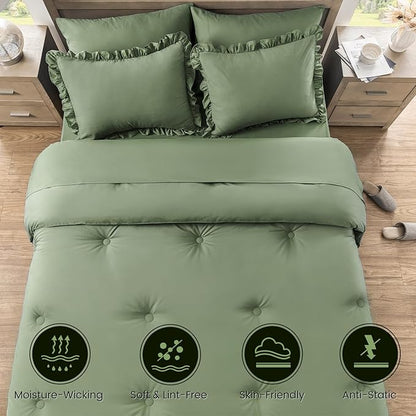 QUIETSEA Full Bed in a Bag 7 Pieces Full Size Comforter Set, Ruffle Shabby Chic Bedding Comforter Set Green Bed Set with Comforter, Pillowcases, Flat Sheet, Fitted Sheet and Pillow Shams