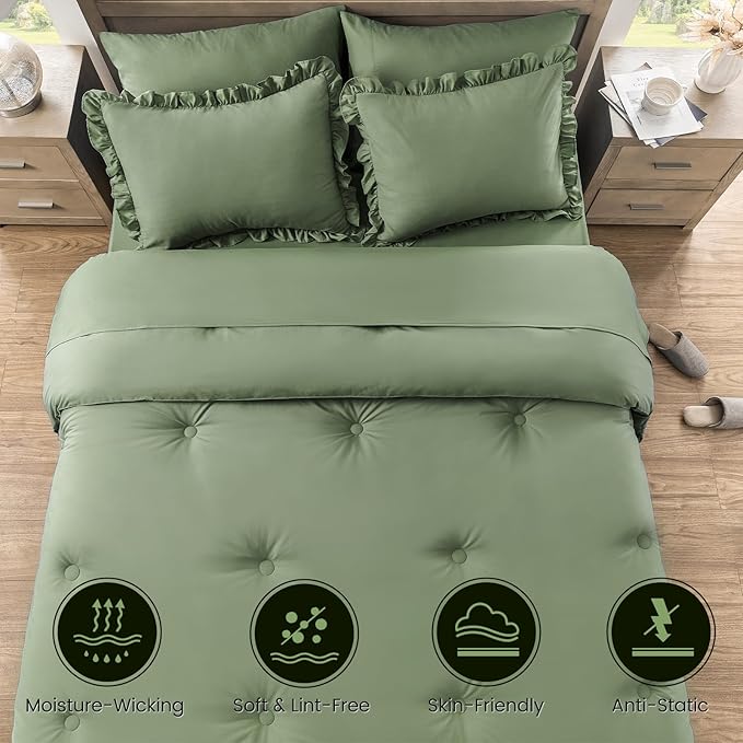 QUIETSEA Queen Bed in a Bag 7 Pieces Comforter Set Queen, Ruffle Shabby Chic Bedding Comforter Set Green Bed Set with Comforter, Pillowcases, Flat Sheet, Fitted Sheet and Pillow Shams