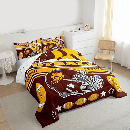 Feelyou Football Bedding Set Boys Girls Twin Size Rugby Sports Comforter Set Football City Duvet Women Men Gray Brown Yellow Decor