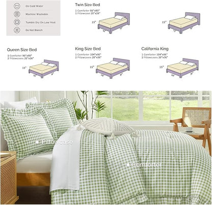 Andency Sage Gingham Ruffle Comforter King(104x90Inch), 3 Pieces(1 Ruffled Comforter and 2 Pillowcases) Solid Farmhouse Shabby Chic Bed, Vintage Rustic Soft Microfiber Bedding Set