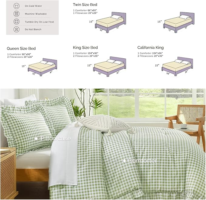 Andency Sage Gingham Ruffle Comforter Twin(66x90Inch), 2 Pieces(1 Ruffled Comforter and 1 Pillowcase) Solid Farmhouse Shabby Chic Bed, Vintage Rustic Soft Microfiber Bedding Set