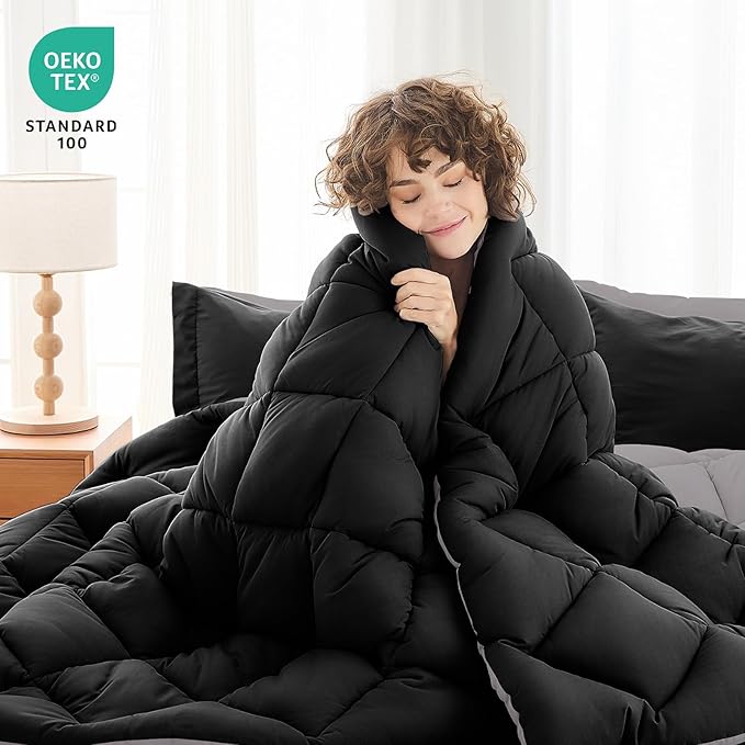 MUXHOMO 5 Pieces Twin XL Comforter Set, Reversible Bed in a Bag Twin XL Size, All Season Bedding Set with Comforter, Flat Sheet, Fitted Sheet, Pillowcases & Shams, Black & Soot