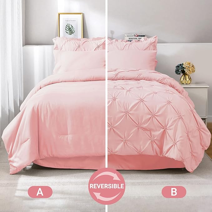 JOLLYVOGUE King Size Comforter Set 7 Pieces, Pink Bed in a Bag Comforter Set for Bedroom, Beddding Sets with Comforter, Sheets,Ruffled Shams & Pillowcases