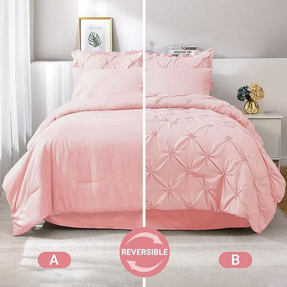 JOLLYVOGUE King Size Comforter Set 7 Pieces, Pink Bed in a Bag Comforter Set for Bedroom, Beddding Sets with Comforter, Sheets,Ruffled Shams & Pillowcases