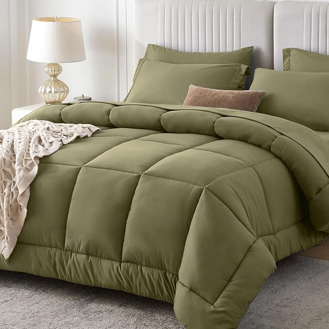 Sasttie King Size Comforter Set, 7 Pieces Bed in a Bag King, Complete Bedding Set Includes Comforter, Flat Sheet, Fitted Sheet, Pillowcases and Pillow Shams, Olive