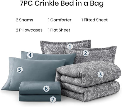 MaiRêve Full Size Comforter Set Navy Blue, Crinkle Textured Design Bedding Set 7 Pieces Bed in A Bag, All Season Farmhouse Comforter Set with Sheets, Pillowcases & Shams