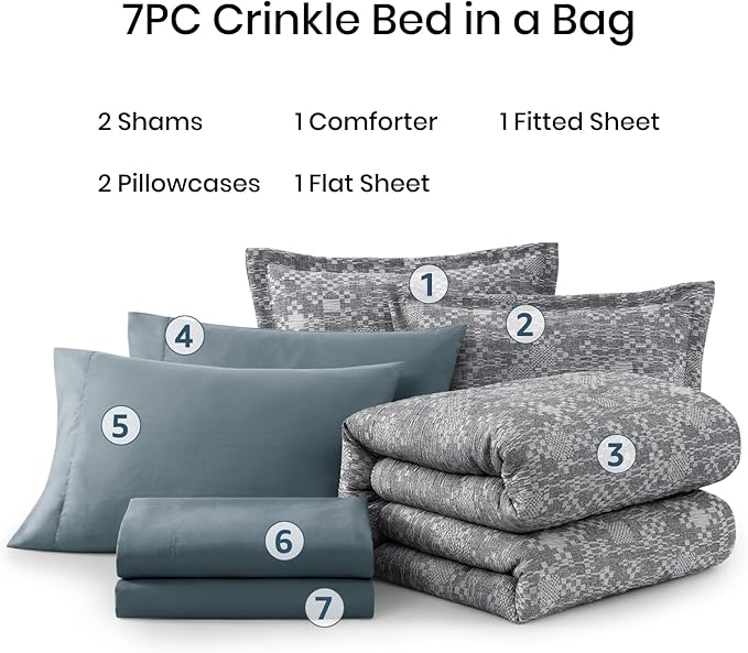 MaiRêve King Comforter Set Navy Blue, Crinkle Textured Design Bedding Set 7 Pieces Bed in A Bag, All Season Farmhouse Comforter Set with Sheets, Pillowcases & Shams