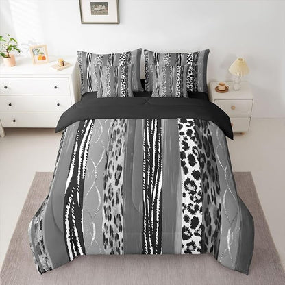 Erosebridal Animal Skin Pattern White Black Geometric King 7-Piece Comforter Set | Leopard Print Stripe Sheets and Pillowcases Cheetah Fur Bed in A Bag Women Men Adults Bed Sets