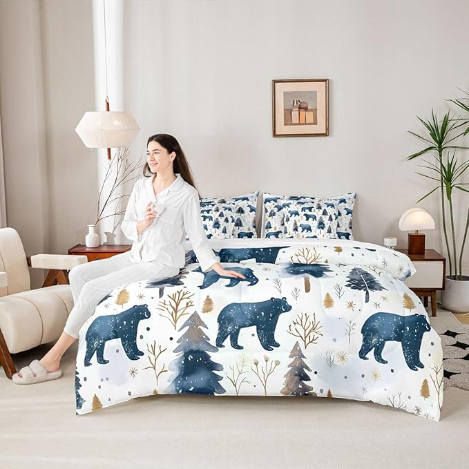Erosebridal Cabin Bear 7 Piece Comforter Set Twin | Wildlife Jungle Hunting Bed in A Bag Wild Animals Farmhouse Sheet Set Winter Snowflakes Pine Trees Fitted Sheet Breathable Lightweight