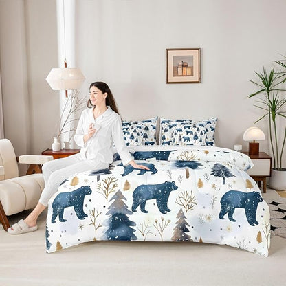 Erosebridal Cabin Bear 7 Piece Comforter Set Twin | Wildlife Jungle Hunting Bed in A Bag Wild Animals Farmhouse Sheet Set Winter Snowflakes Pine Trees Fitted Sheet Breathable Lightweight