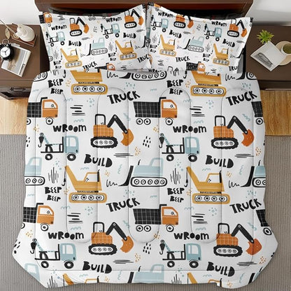 Boys Construction Comforter Set for Kids Teens Twin, Hand Drawn Car Excavator Truck Bedding Sets Water Washed Microfiber Bedding with 1 Comforter 1 Pillowcase All Season