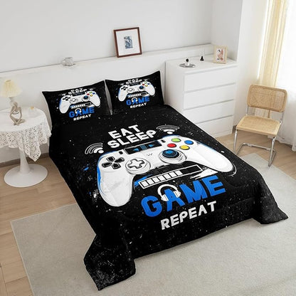 jejeloiu Eat Sleep Game Bedding Set Toddle Size Cartoon Gamer Comforter Set for Kids Boys Girls Modern Game Duvet Set Black Blue Quilt Set 2Pcs