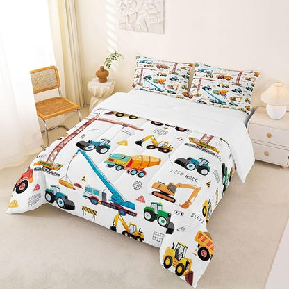 Tractor Comforter, Excavator Machinery Trucks Bedding Set Full Size, Construction Vehicle Down Comforter, Bulldozer Crane Equipment Truck Quilt Set For Child Teens 3Pcs Bedroom Decor, Yellow Green