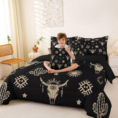 Erosebridal Western Bull Skull Bed in A Bag 7 Pcs Exotic Boho Cow Skull Comforter Set for Kids Teens Black Brown Ethnic Horns Bedding Sets Queen Tropical Western Cactus Sheet Set with Comforter