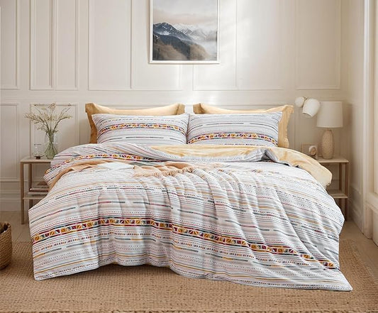 SLEEPBELLA Comforter King Size, 600 Thread Count Cotton Yellow Boho Pattern Light Yellow Reversible Comforter Set,Down Alternative Bedding Set 3Pcs(King, Yellow Boho)