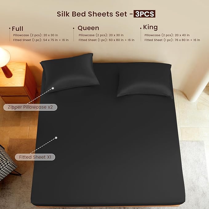 THXSILK Luxury Mulberry Silk Fitted Sheet Set 3 Pcs, King Silk Bed Sheet Set with 16" Deep Pockets, Soft & Cooling Sheets, 1 Fitted Sheet, 2 Pillowcases with Zipper Closure - Black