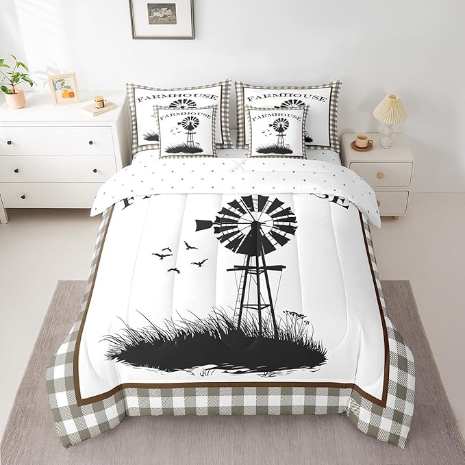 Erosebridal King Size Windmill Comforter Sets with Sheets 7-Piece Rustic Farmhouse Grid Comforter Set Bed-in-a-Bag with 1 Flat Sheet 1 Fitted Sheet 2 Pillowcases and 2 Throw Pillow Covers