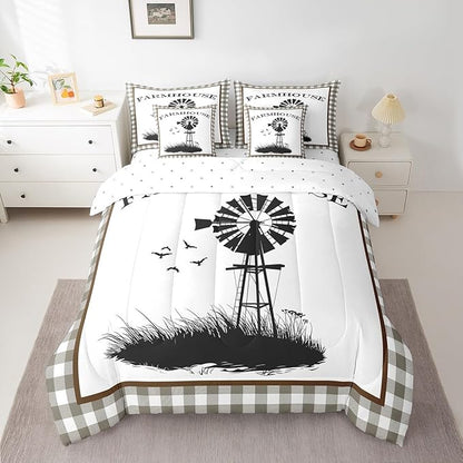 Erosebridal King Size Windmill Comforter Sets with Sheets 7-Piece Rustic Farmhouse Grid Comforter Set Bed-in-a-Bag with 1 Flat Sheet 1 Fitted Sheet 2 Pillowcases and 2 Throw Pillow Covers