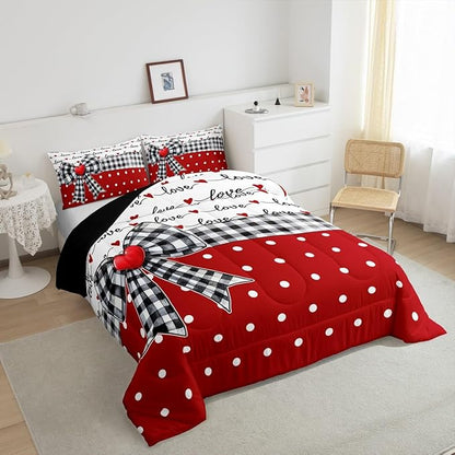 Erosebridal Bowknot Girls Bedding Comforter Sets Plaid Bow Tie Bedding Set Romantic Princess Style White Dots Comforter Set King for Kids Teen Women,Red Black Dreamy Quilt Duvet 2 Pillow Cases