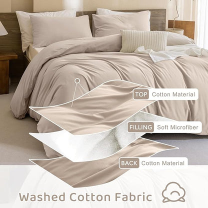 Sanracie Pre-Washed Cotton King Comforter Set, Beige Khaki Colored Bedding Set 3Pcs Ultra Soft Breathable Bed Comforter Set for All Season