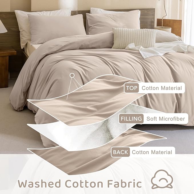 Sanracie Queen Size Comforter Sets, Pre-Washed Cotton Beige Khaki Colored Bedding Comforter Sets 3Pcs Extra Soft Breathable Bed Comforter Set for All Season