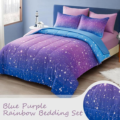 Drucon Girls Comforter Set Queen Size 7 Pieces Bed in A Bag Ombre Blue Purple Rainbow Bedding Set for Kids & Women (1 Comforter, 1 Flat Sheet, 1 Fitted Sheet, 2 Pillow Shams, 2 Pillowcases)