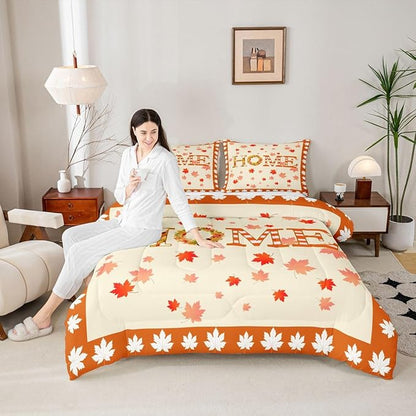 Fall Decor For Bedroom,Maple Leaf Pumpkin Wreaths Comforter Set King Fall Thanksgiving Quilt Bedding Sets For Home,Rustic Farmhouse Comforter Soft Lightweight For All Season Orange 2 Pillow Cases