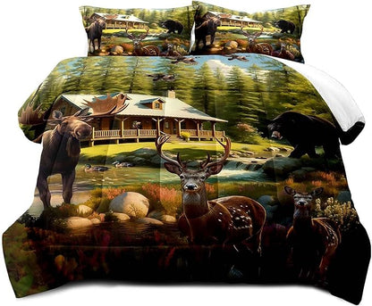 LUVIVIHOME 3PCS Rustic Bear Moose Deer Comforter Set Full Size, Cabin Bedding, Green Forest Animals Mallard Duck Wildlife Hunting Hunter Country Lodge Rustic Farmhouse Bedroom Decor, 2 Pillow Shams