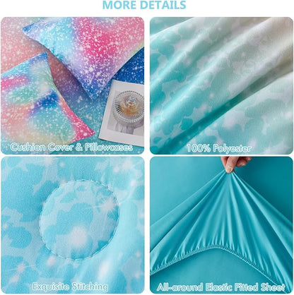 PERFEMET Full Size Comforter Sets for Kids Girls 6 Pieces Pink Green Ombre Rainbow Bedding Set Colorful Tie Dye Glitter Teen Girls Bed in A Bag
