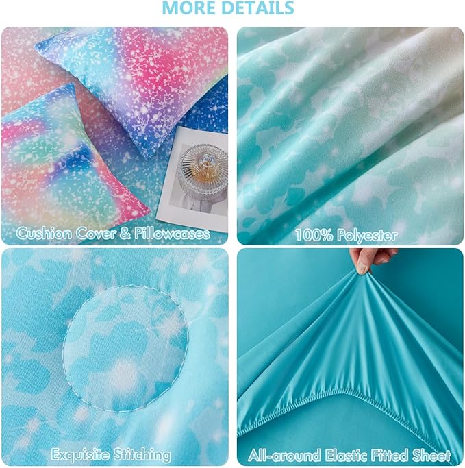 PERFEMET Rainbow Queen Girls Bedding Set, 6 Pieces Glitter Pink Green Comforter for Queen Size Bed, Colorful Tie Dye Ombre Teen Girls Bed in A Bag Comforter Set with Sheets
