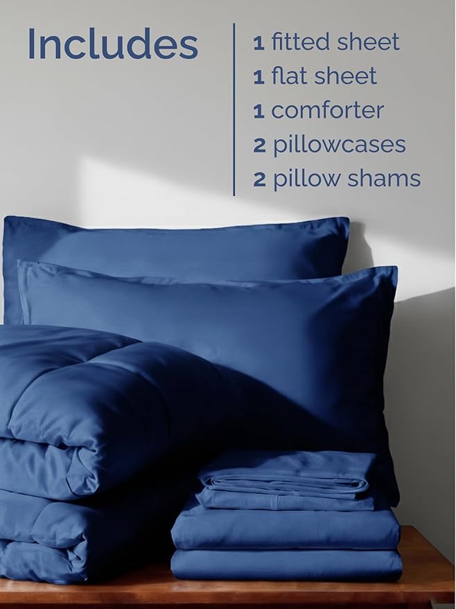 Queen Comforter Set - 7 Piece Bed in a Bag Queen Size Bed Set - Down Alternative Comforter, Flat Sheet, Fitted Sheet, Pillowcase & Shams for All Seasons - Soft, Comfy & Breathable - Navy Blue/Sky Blue