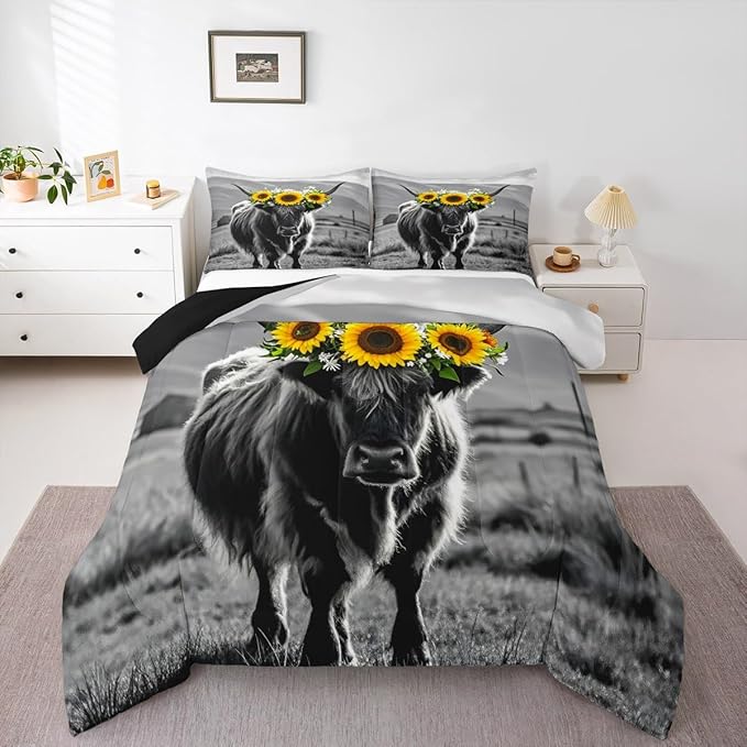 Highland Cow Comforter Set Adult Women Sunflower Cow Print Down Comforter Full Size for Boy Men Bull Cattle with Grey Fur Quilted Duvet Bedroom Decorative Wildlife Farmhouse Cow Bedding Comforters