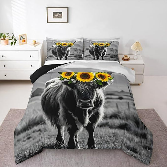 Highland Cow Comforter Set Queen Size for Adult Women Sunflower Cow Print Down Comforter Farmhouse Wild Animal Cows with Gray Fur Quilted Duvet Decor 3 Pcs Bedding ,1 Duvet Cover + 2 Pillowcases
