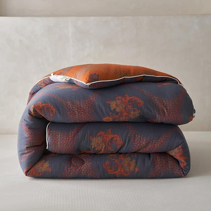 mixinni Vintage Floral Comforter Set Full Size, All Seasons Muslin Cotton Bedding Set, 3 Pieces Farmhouse Shabby Chic Jacquard Floral Comforter Set Perfect for Women and Men-Grayish Blue/Pumpkin