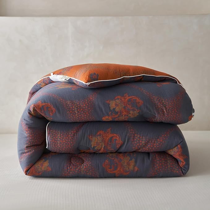 mixinni Vintage Floral Comforter Set King Size, All Seasons Muslin Cotton Bedding Set, 3 Pieces Farmhouse Shabby Chic Jacquard Floral Comforter Set Perfect for Women and Men-Grayish Blue/Pumpkin