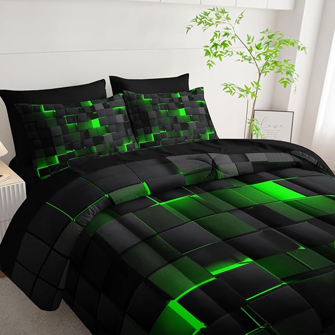 Geometric Green Black Full Comforter Set,Light Honeycomb Bedding Set 7 Piece in A Bag,Bed Sheet Set Geometry Decor,Microfiber Lightweight All Season